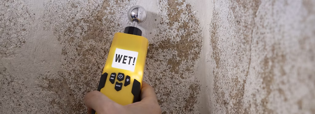 Moisture meter measuring a damp wall